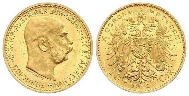 золотая монета номинал 10 крон 1911г