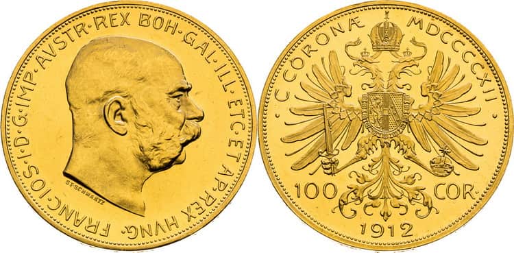 золотая монета номинал 100 крон 1909-1915г