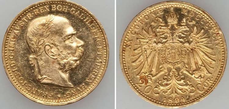 золотая монета номинал 20 крон