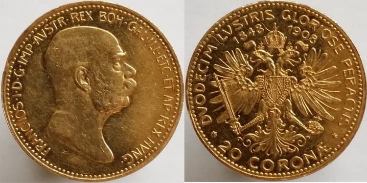 золотая монета номинал 20 крон 1908г