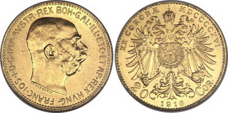 золотая монета номинал 20 крон 1916г