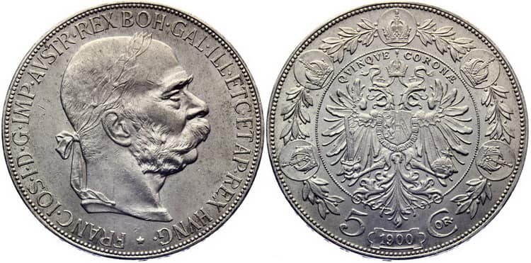 Серебряная монета номинал 5 крон
