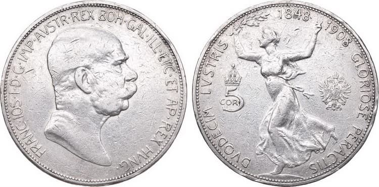Серебряная монета номинал 5 крон 1908г