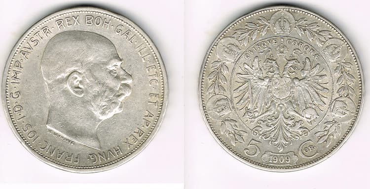Серебряная монета номинал 5 крон 1909г