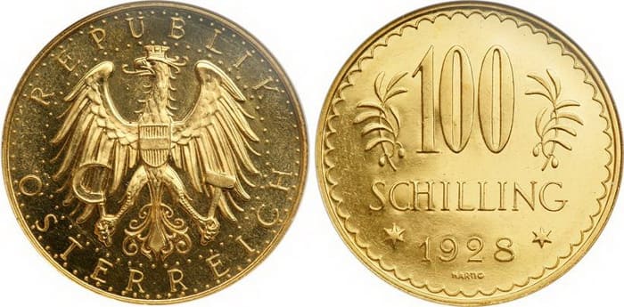 100 Австрийских шиллингов из золота