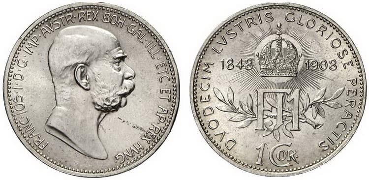 Серебряная монета номинал 1 крона 1908г