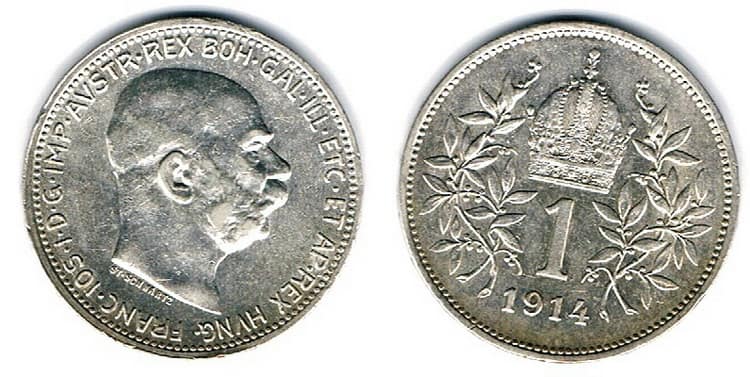 Серебряная монета номинал 1 крона 1912-1914г