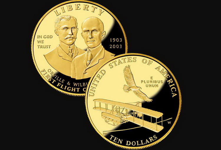 10 долларов с изображением 100 лет полету братьев Райт около Китти-Хока, Северная Каролина