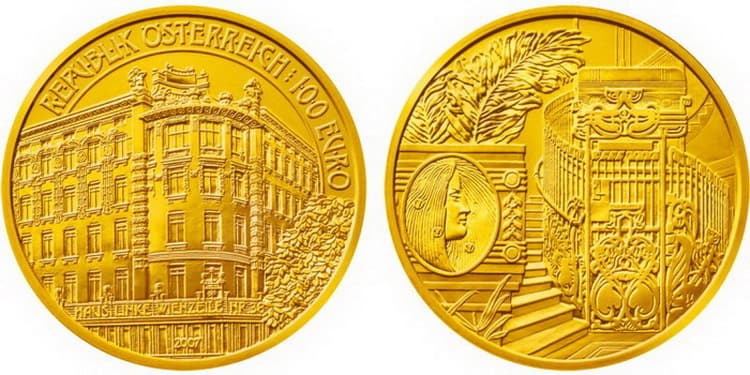 Австрийская монета с изображением венской архитектуры