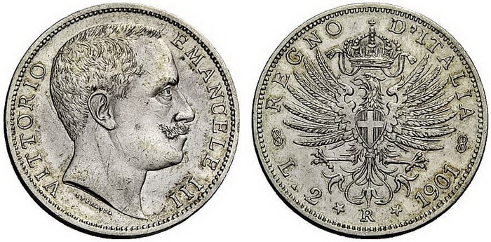 монета 2 лиры Витторио Эммануэль III
