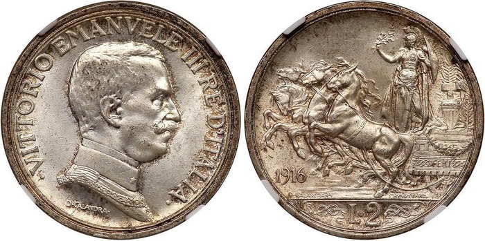 монета 2 лиры Королевство Италия – Витторио Эммануэль III
