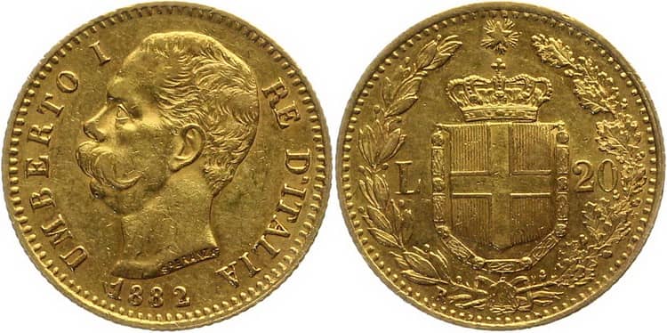 Монета в 20 лир с 1879-1897