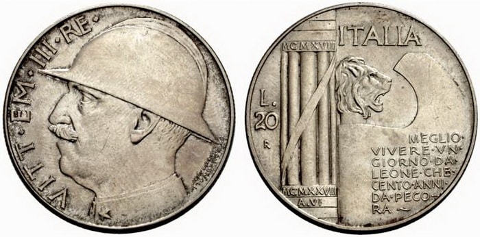 монета 20 лир Витторио Эмануэль III – Большая шляпа