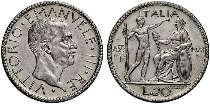 монета 20 лир Савойская династия – Витторио Эмануэль III