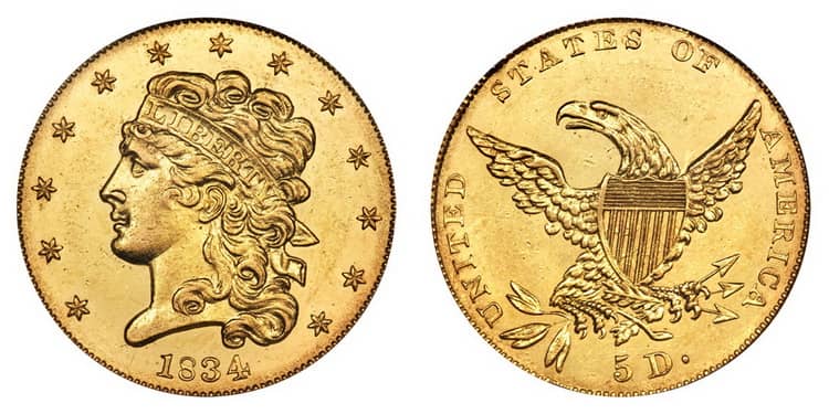 5 долларов США 1834-1838