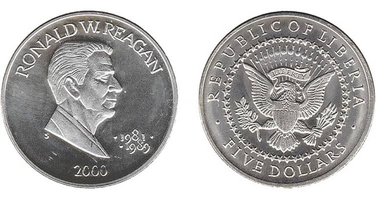 5 долларов США с изображением президента Рональда Рейгана