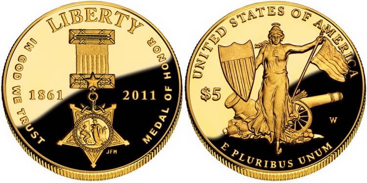 5 долларов с изображением 150 лет военной медали доблести США