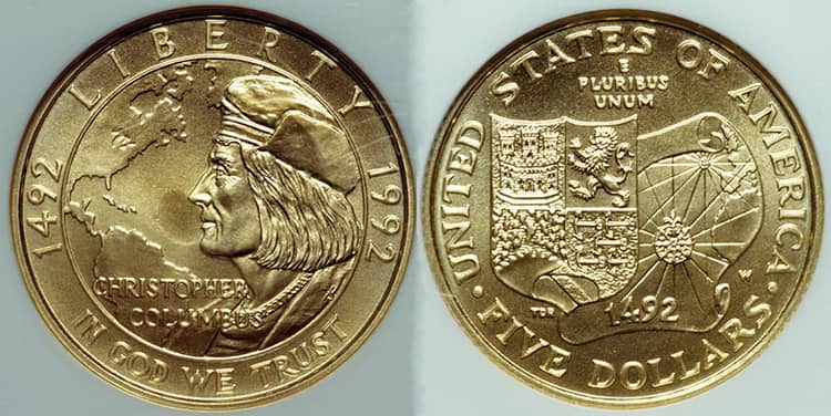 5 долларов с изображением 500 лет открытия Колумбом Америки