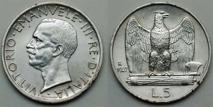 монета 5 лир Витторио Эмануэль III