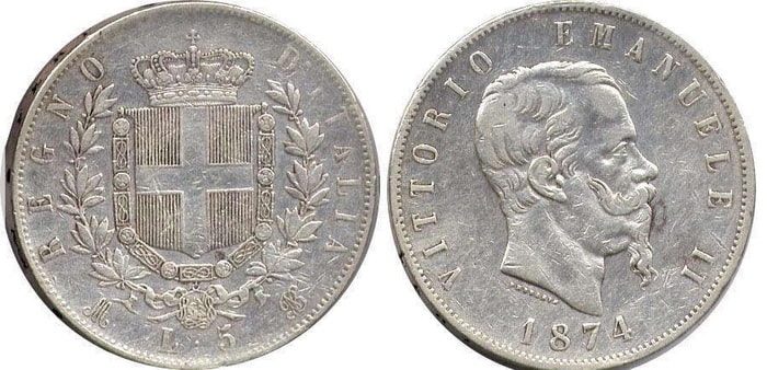 монета 5 лир Витторио Эммануэль II