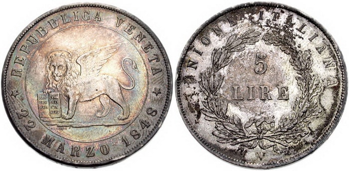 монета 5 лиры Революция 1848-1849 гг.
