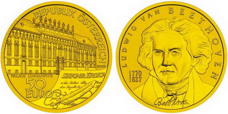 Австрийские 50 евро с изображением Бетховена
