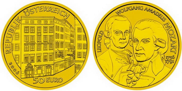 Австрийские 50 евро с изображением с изображением Моцарта
