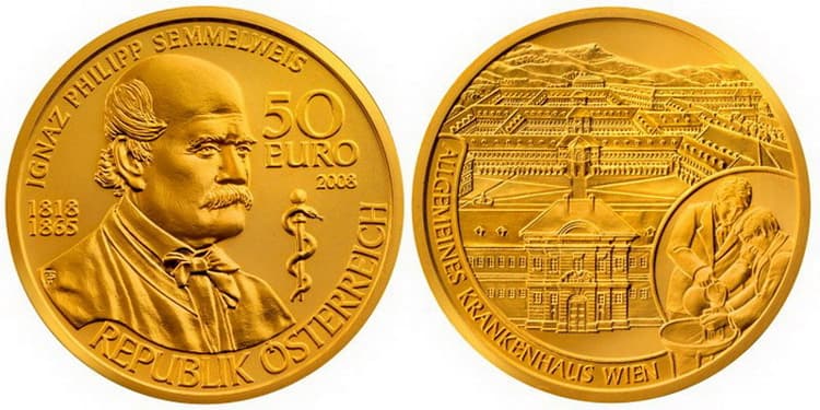 Австрийские 50 евро с изображением Ігнаца Земмельвейса