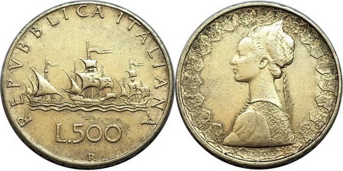 монета 500 лир чеканка 1958 года