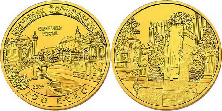 Австрийские 100 евро с изображением венских речных ворот