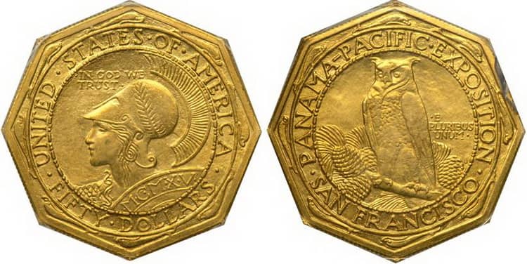 Золотая монета 50 долларов из серии «Международная Панамо-Тихоокеанская выставка»