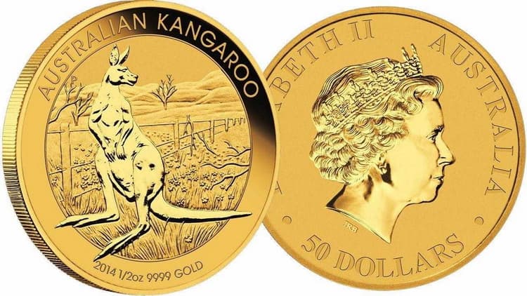 Золотая монета кенгуру в 25 долларов 2014 г.