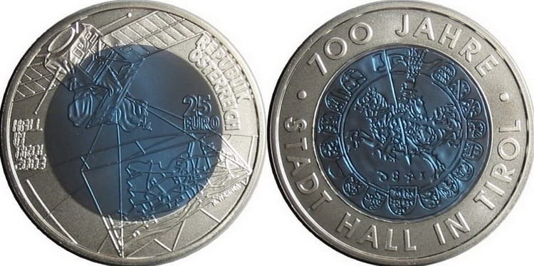 Монета «700 лет городу Халль в Тироле»