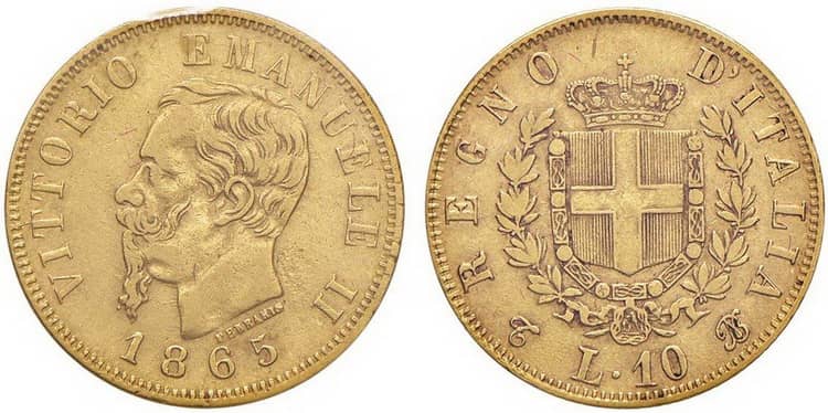 Монета в 20 лир с 1861-1878