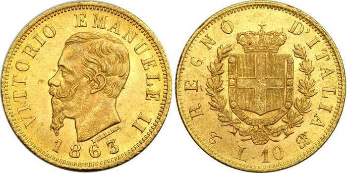золотые 10 лир Туринская лира – Витторио Эмануэль II