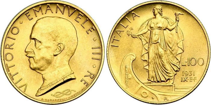 золотые 100 лир «Витторио Эмануэль III» чеканки 1869-1947 гг.
