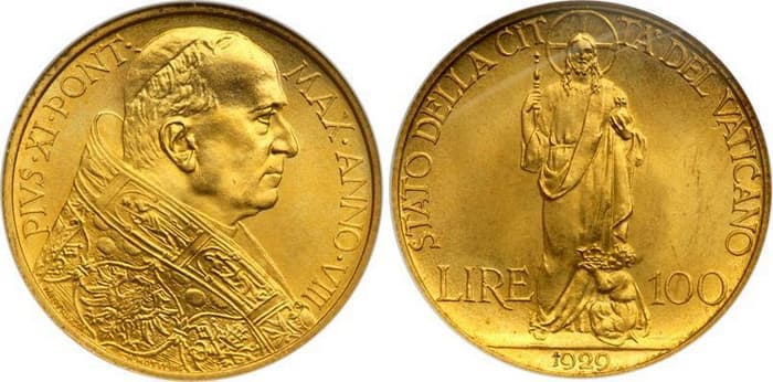 золотые 100 лир Ватиканский Понтифик XI