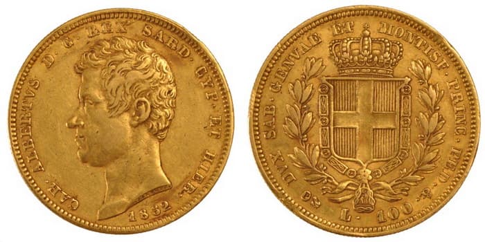 золотые 100 лир Королевство Сардиния – Карло Альберто