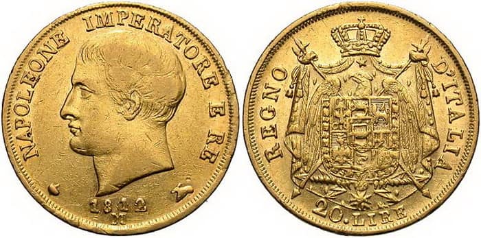 золотые 20 лир Император Наполеон