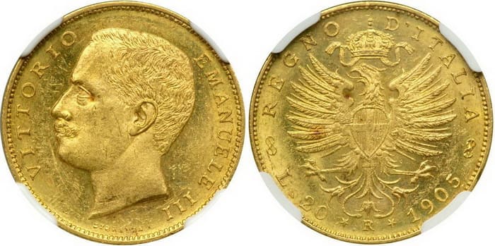 золотые 20 лир Королевство Италия – Витторио Эммануэль III