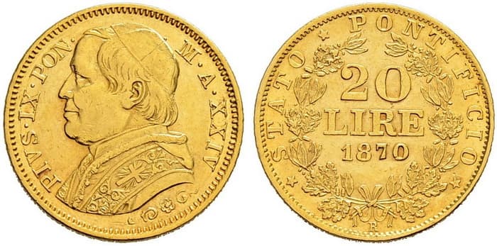 золотые 20 лир Понтифик IX