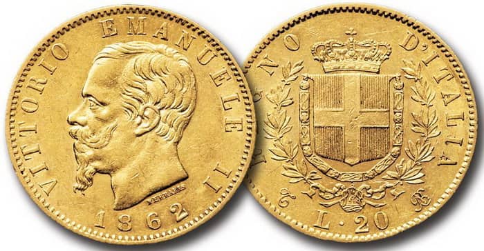 золотые 20 лир Туринская лира – Витторио Эмануэль II