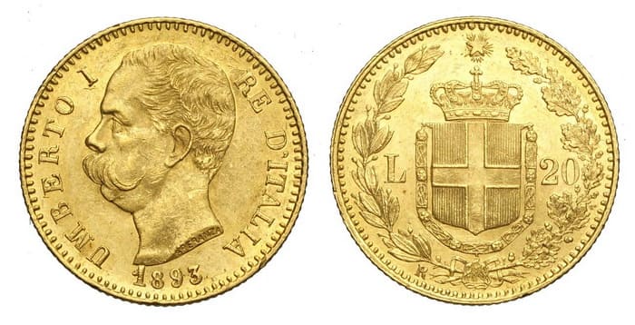 золотые 20 лир Умберто I