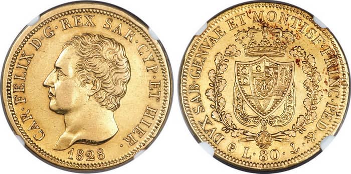 золотые 80 лир Королевство Сардиния – Карл Феликс