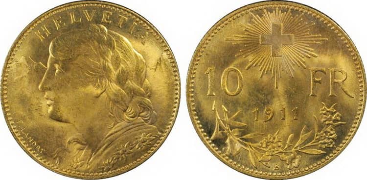10 швейцарских франков 1911 г