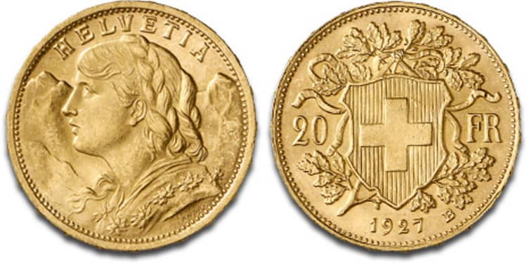20 швейцарских франков 1925-1927 гг