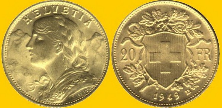 20 швейцарских франков 1949 г