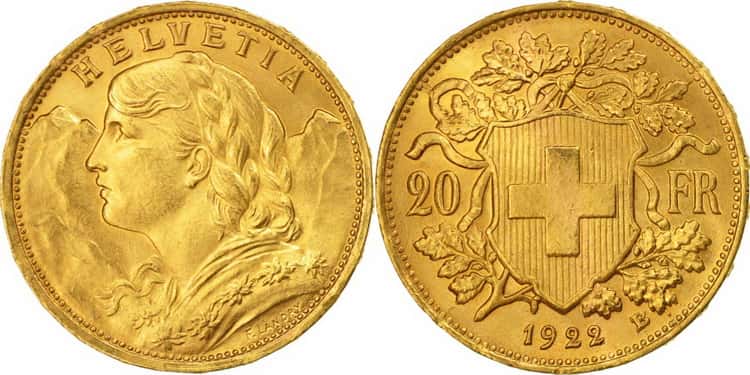 20 швейцарских франков 1922 г.