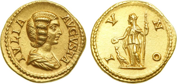 монет ауреус Чеканка 193-217года нашей эры