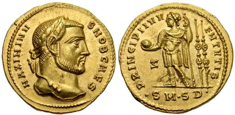 монет ауреус Чеканка 284-305 года нашей эры